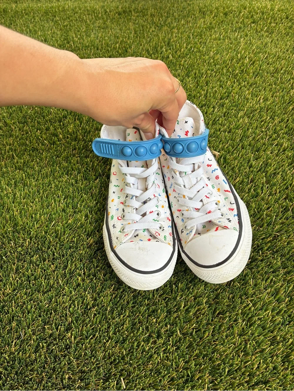 Converse Kids White High-Top Sneakers with Blue Strap and Multicolor Print
